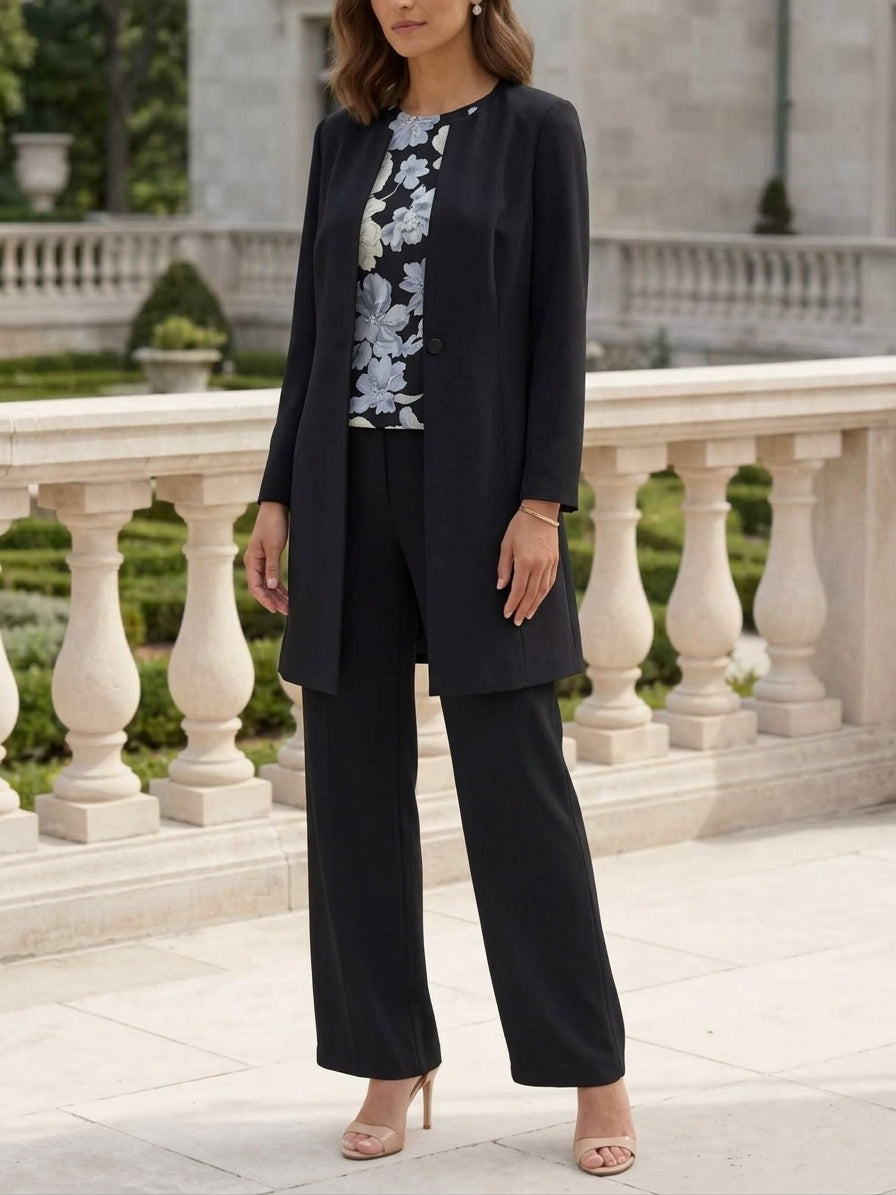 3 Pieces Suit Scoop Stretch Satin Mother of the Bride Pantsuits with Jacket Long Sleeves Floral Ankle-Length