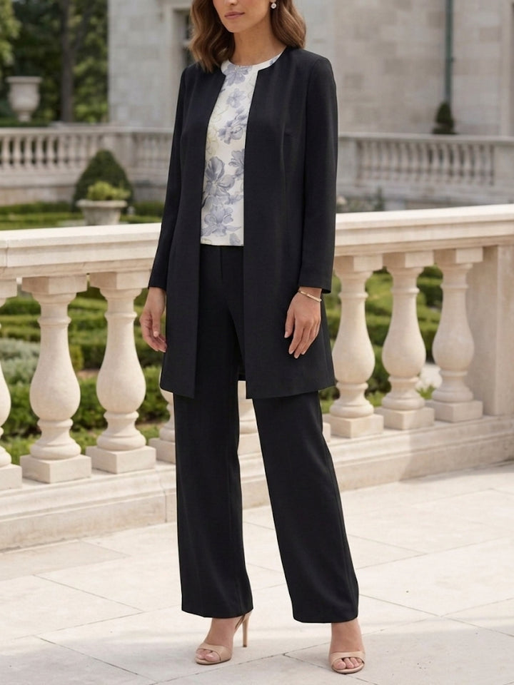 3 Pieces Suit Scoop Stretch Satin Mother of the Bride Pantsuits with Jacket Long Sleeves Floral Ankle-Length