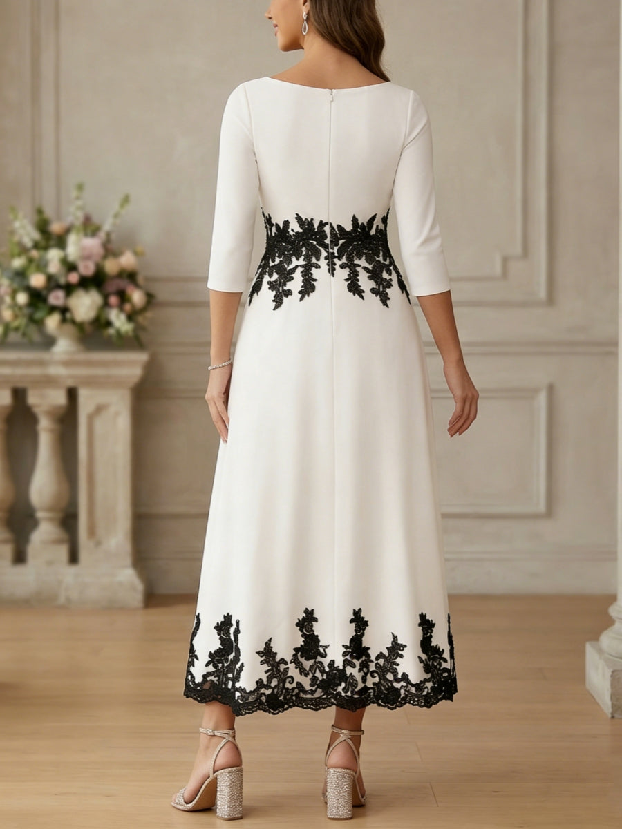 A-Line/Princess V-Neck Stretch Satin Mother Of The Bride Dresses Lace Floral 3/4 Sleeves Tea-Length
