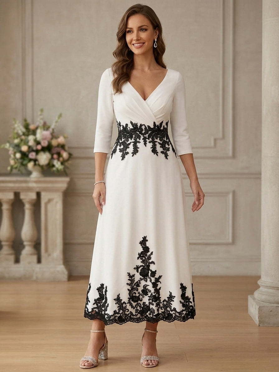 A-Line/Princess V-Neck Stretch Satin Mother Of The Bride Dresses Lace Floral 3/4 Sleeves Tea-Length
