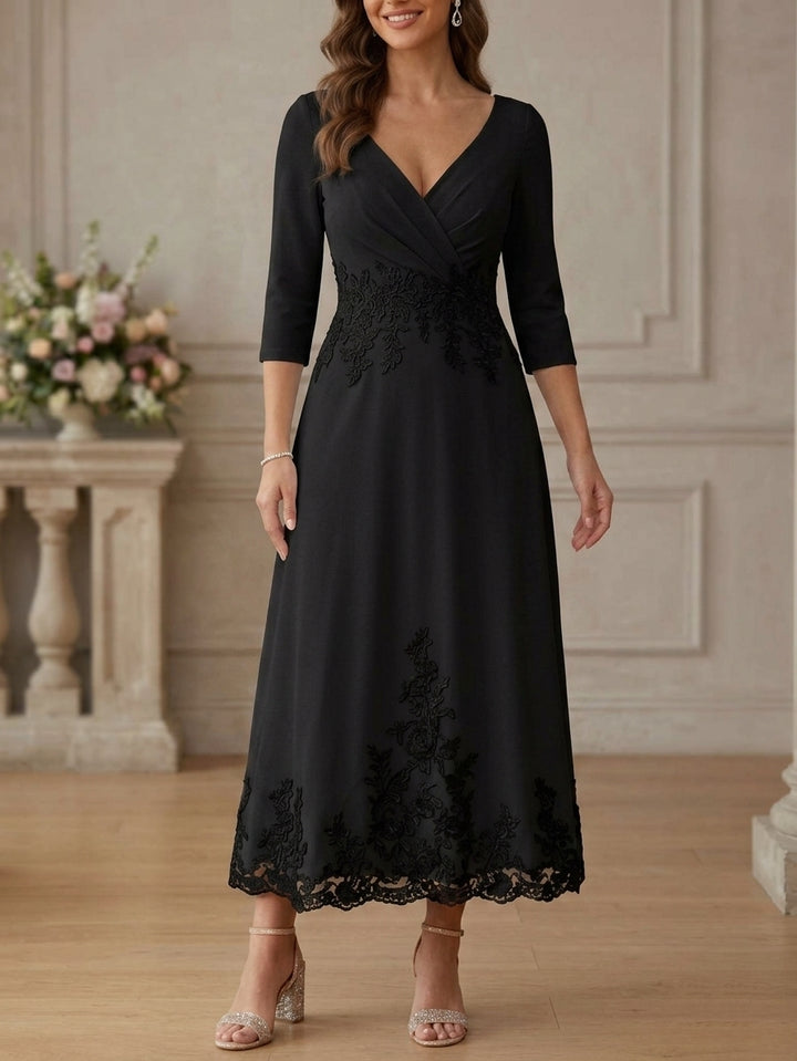 A-Line/Princess V-Neck Stretch Satin Mother Of The Bride Dresses Lace Floral 3/4 Sleeves Tea-Length