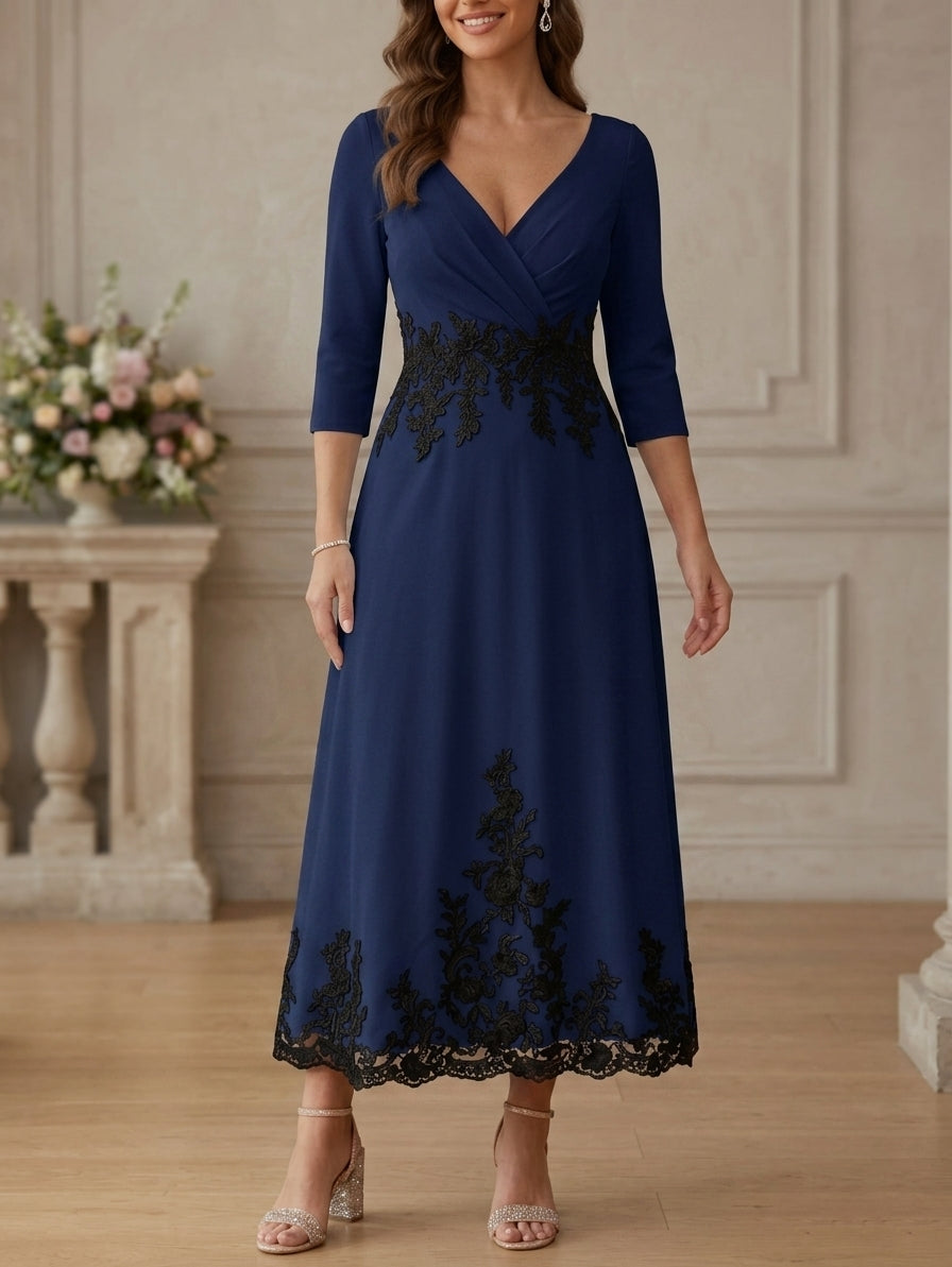 A-Line/Princess V-Neck Stretch Satin Mother Of The Bride Dresses Lace Floral 3/4 Sleeves Tea-Length