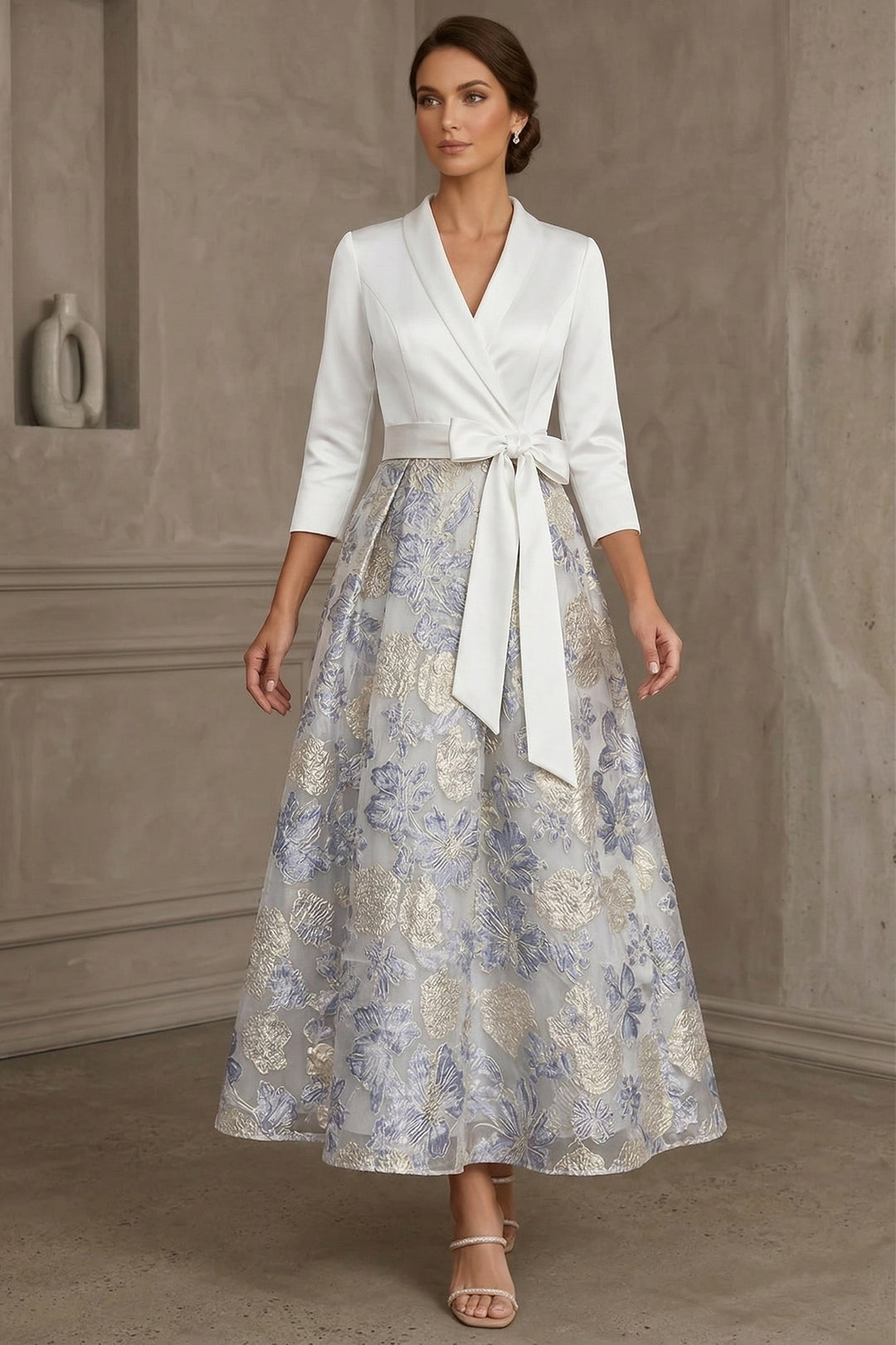 A-Line/Princess V-Neck Satin Mother Of The Bride Dresses Floral 3/4 Sleeves Tea-Length Bowknot