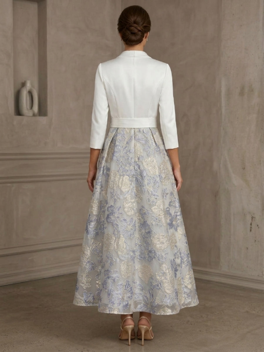 A-Line/Princess V-Neck Satin Mother Of The Bride Dresses Floral 3/4 Sleeves Tea-Length Bowknot