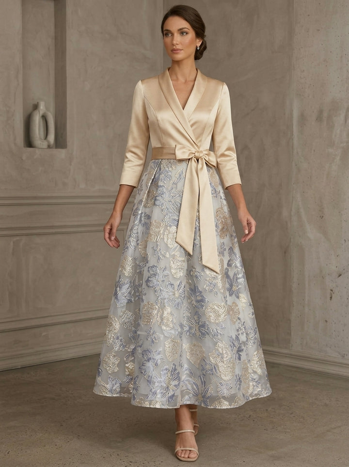 A-Line/Princess V-Neck Satin Mother Of The Bride Dresses Floral 3/4 Sleeves Tea-Length Bowknot