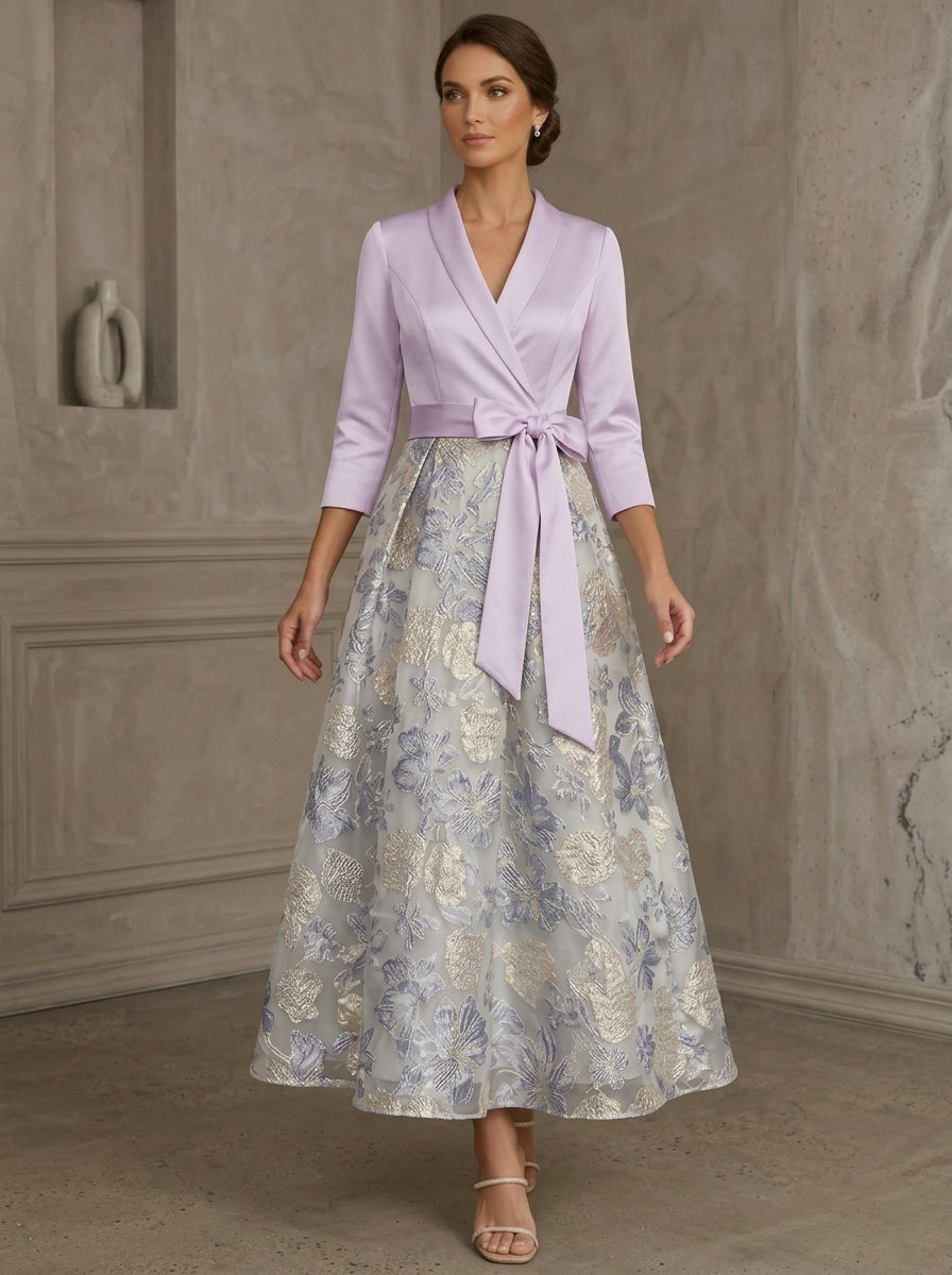 A-Line/Princess V-Neck Satin Mother Of The Bride Dresses Floral 3/4 Sleeves Tea-Length Bowknot