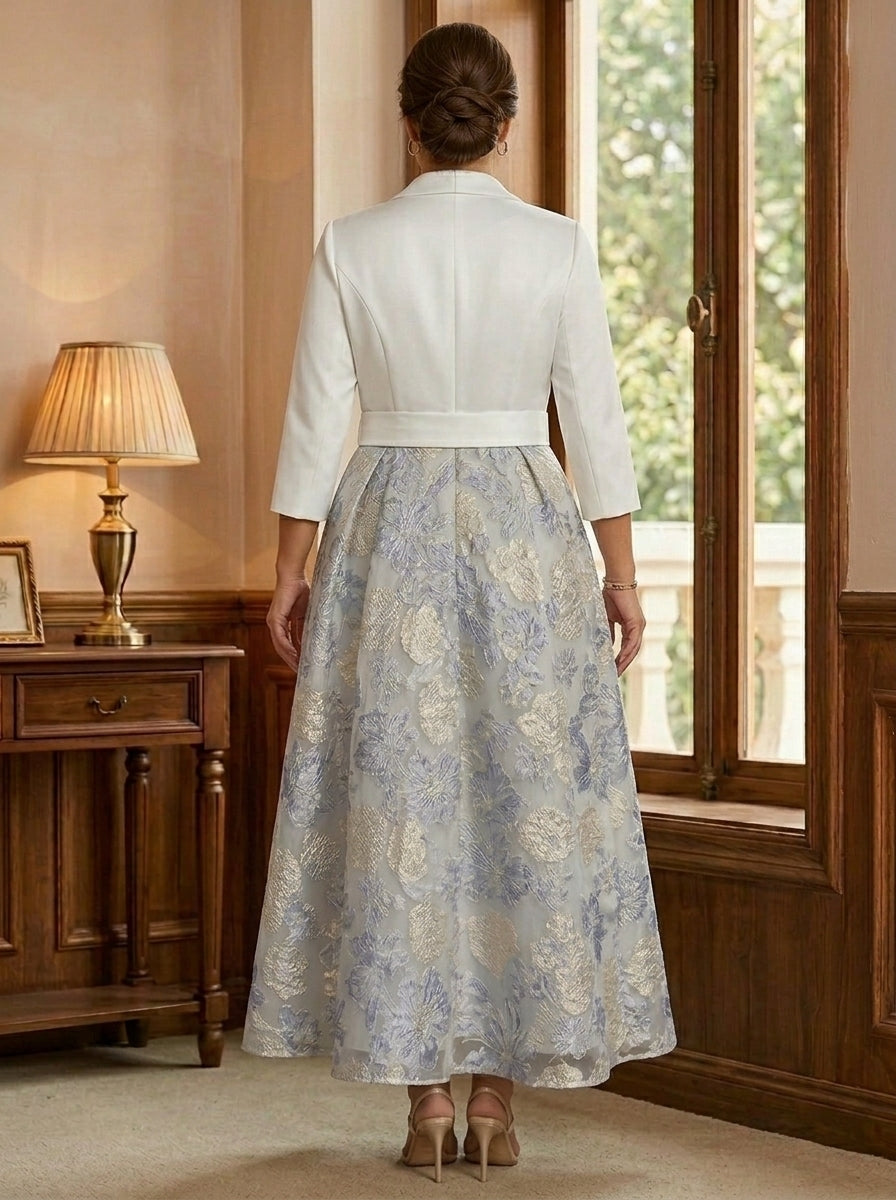 A-Line/Princess V-Neck Satin Plus Size Mother Of The Bride Dresses Floral 3/4 Sleeves Tea-Length Bowknot