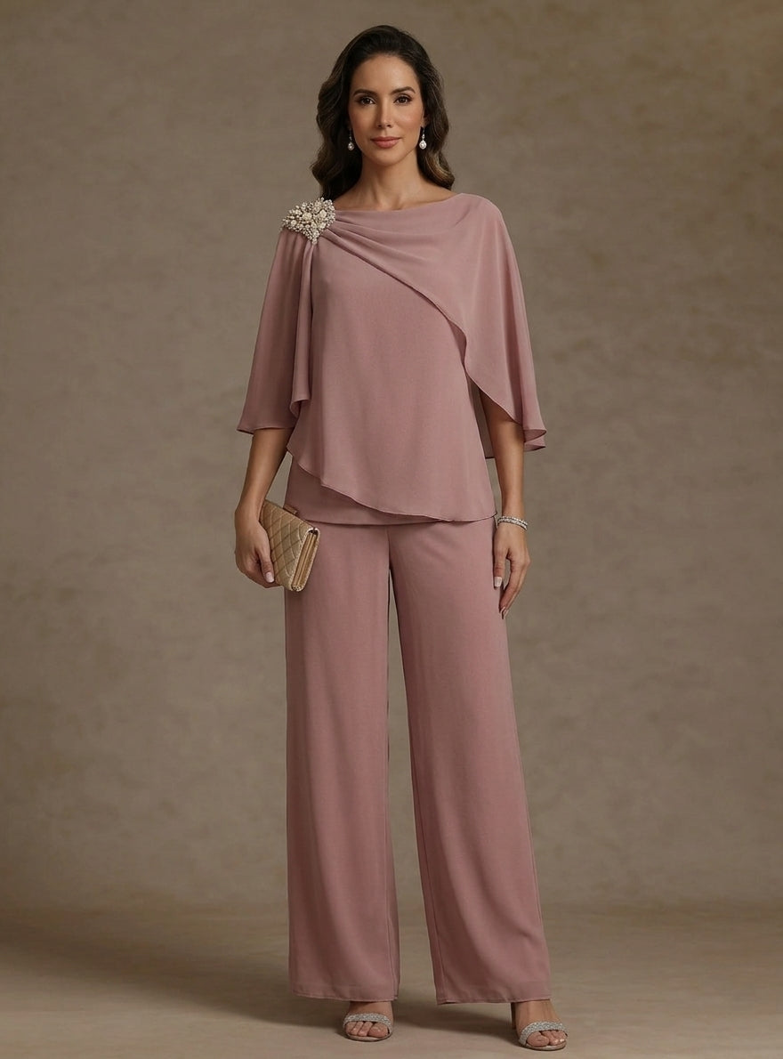 2 Piece Boat Neck Chiffon Mother of the Bride Pantsuits Cape Sleeves Ankle-Length Rhinestone
