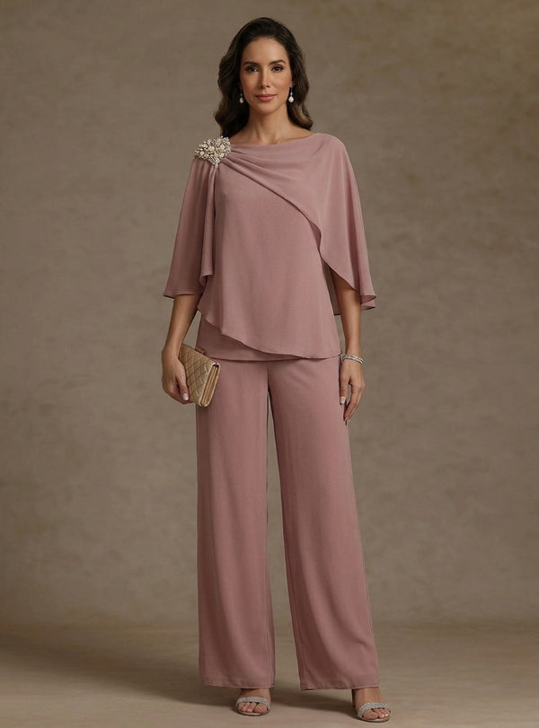 2 Piece Boat Neck Chiffon Mother of the Bride Pantsuits Cape Sleeves Ankle-Length Rhinestone