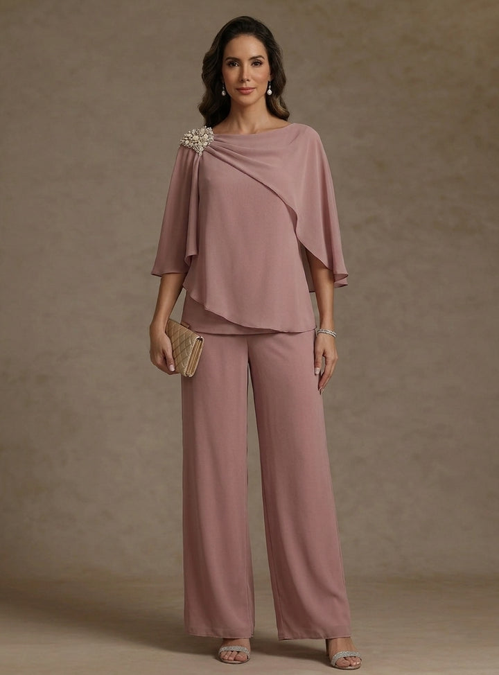 2 Piece Boat Neck Chiffon Mother of the Bride Pantsuits Cape Sleeves Ankle-Length Rhinestone
