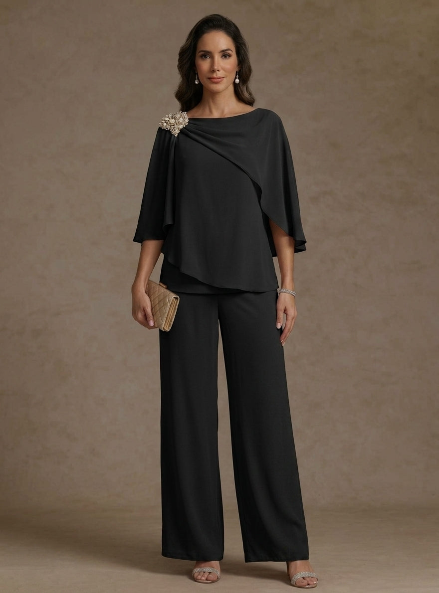 2 Piece Boat Neck Chiffon Mother of the Bride Pantsuits Cape Sleeves Ankle-Length Rhinestone