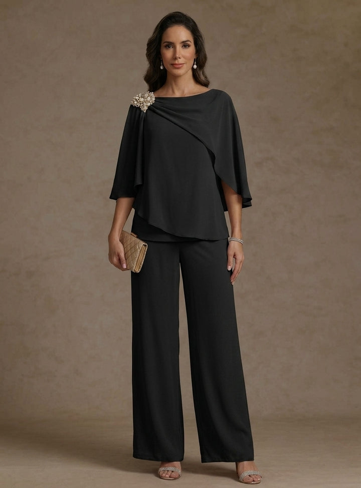 2 Piece Boat Neck Chiffon Mother of the Bride Pantsuits Cape Sleeves Ankle-Length Rhinestone