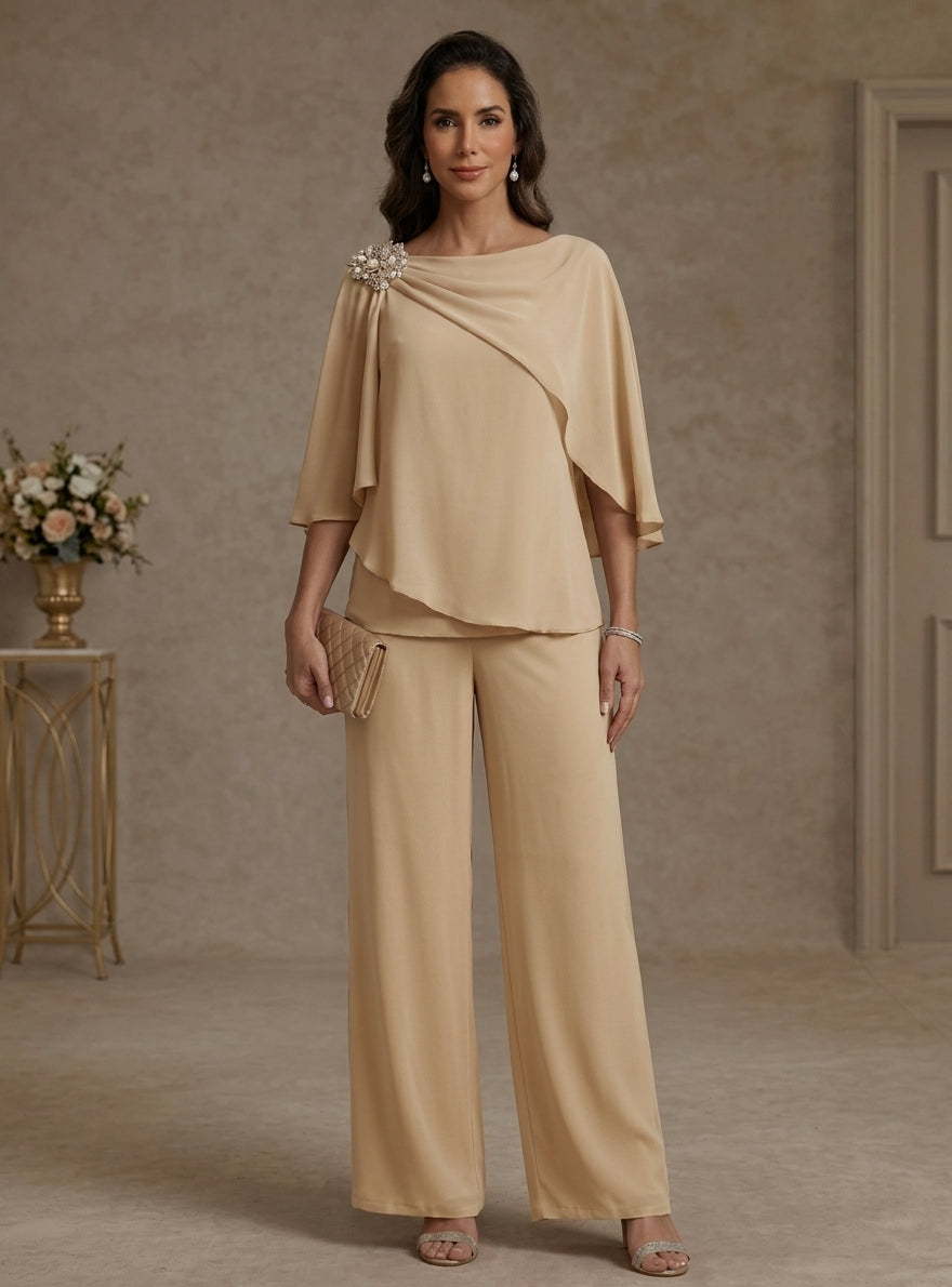 2 Piece Boat Neck Chiffon Mother of the Bride Pantsuits Cape Sleeves Ankle-Length Rhinestone