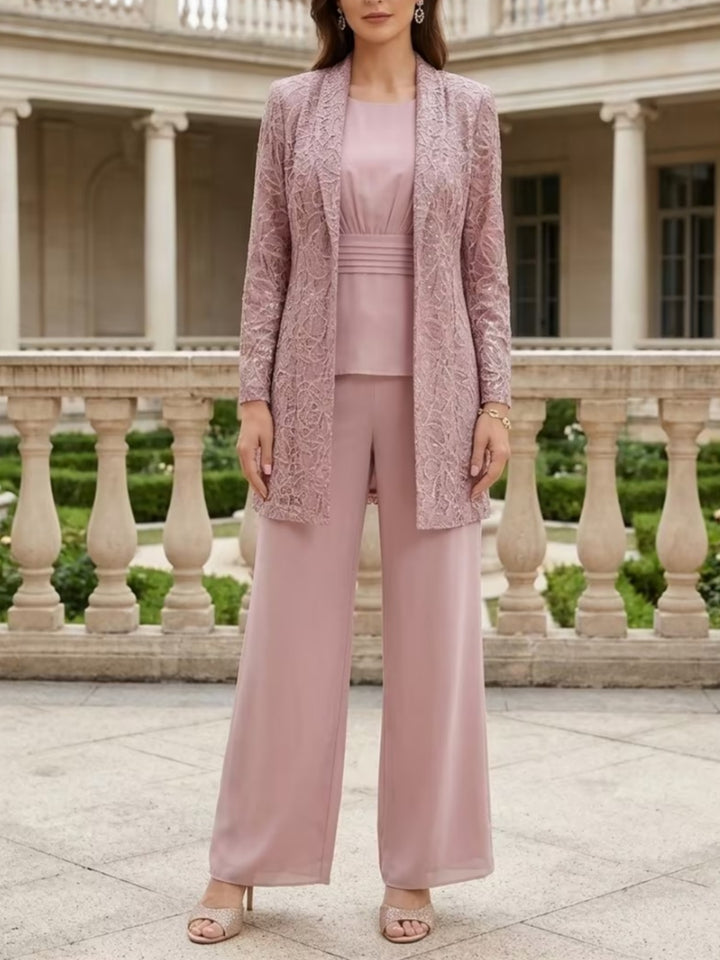 3 Pieces Suit Scoop Chiffon Mother of the Bride Pantsuits with Jacket Long Sleeves Ankle-Length Lace