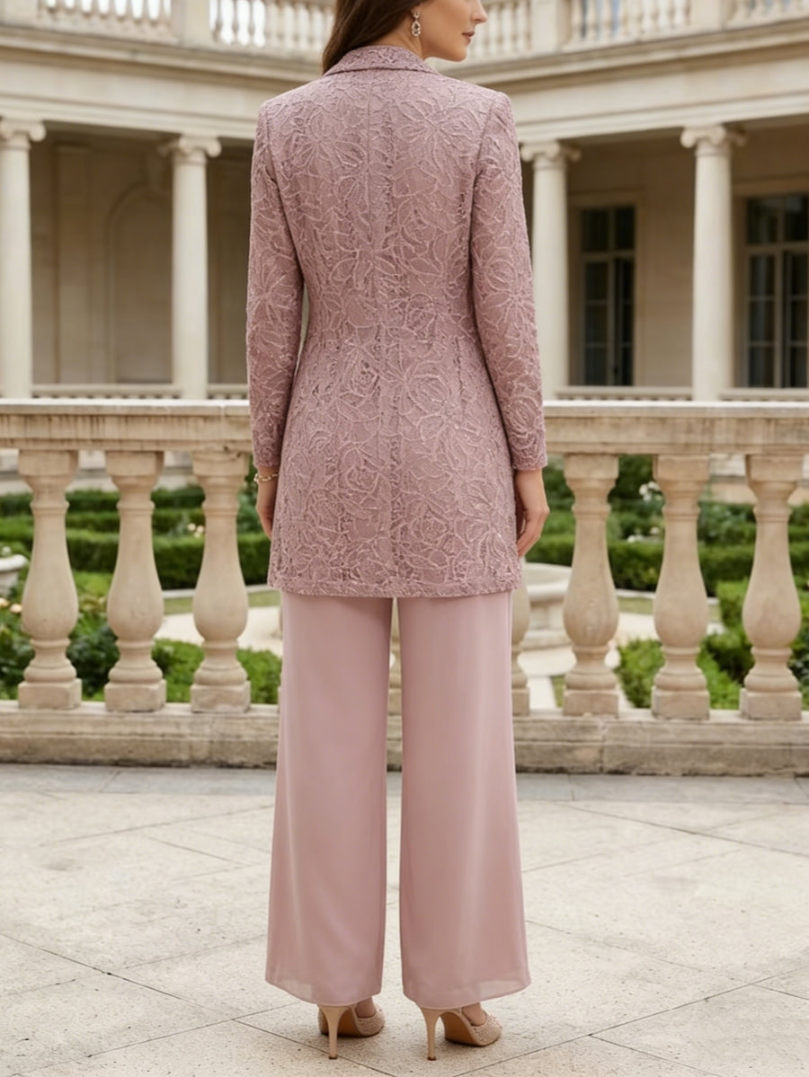 3 Pieces Suit Scoop Chiffon Mother of the Bride Pantsuits with Jacket Long Sleeves Ankle-Length Lace