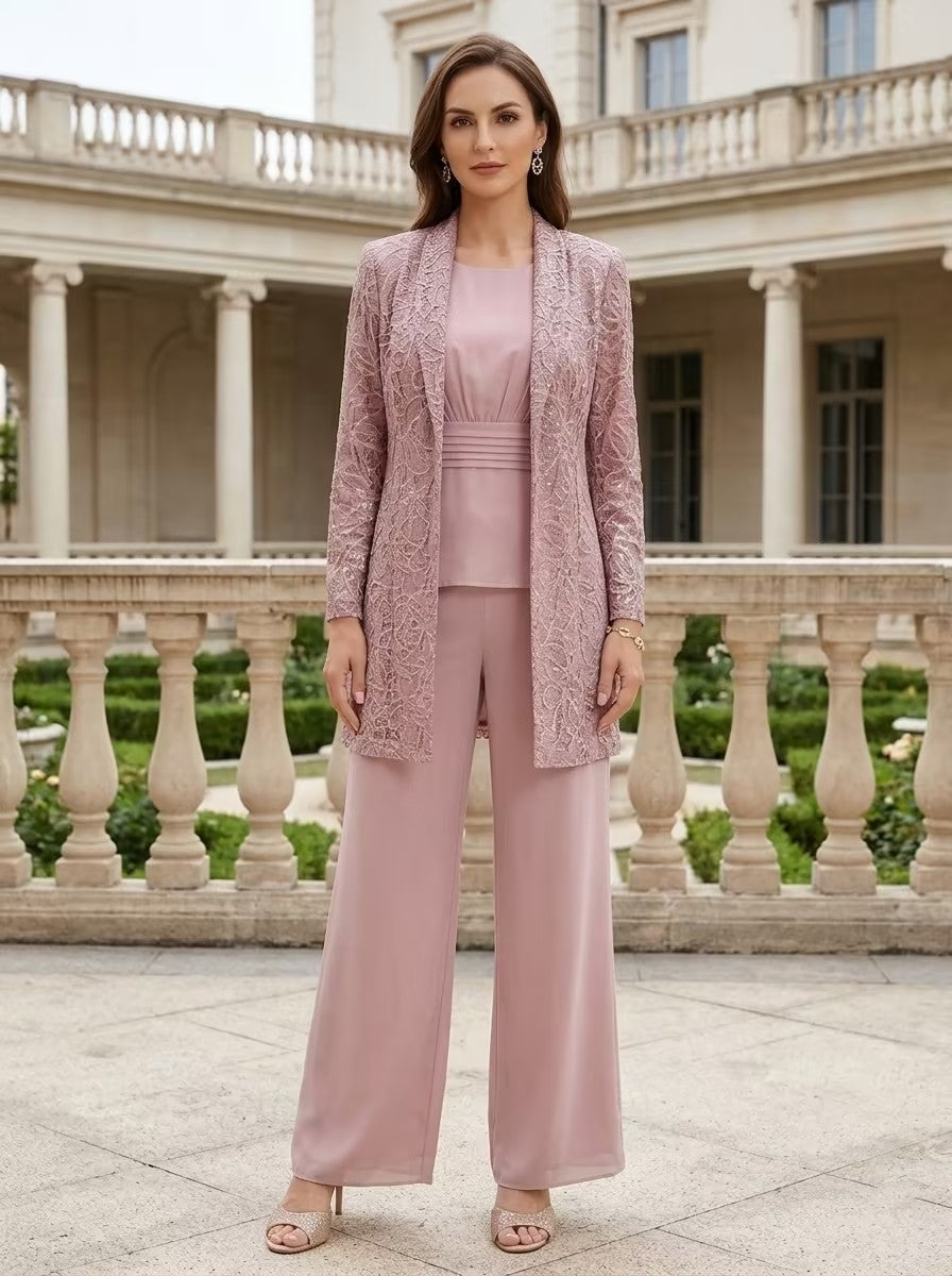 3 Pieces Suit Scoop Chiffon Mother of the Bride Pantsuits with Jacket Long Sleeves Ankle-Length Lace
