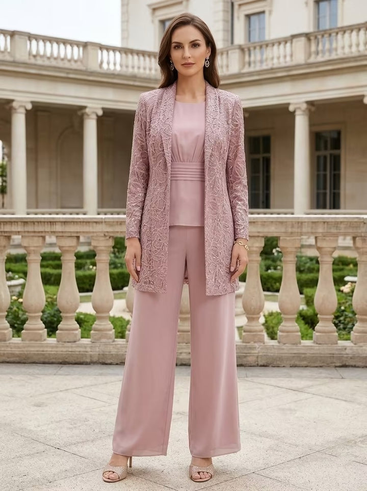 3 Pieces Suit Scoop Chiffon Mother of the Bride Pantsuits with Jacket Long Sleeves Ankle-Length Lace