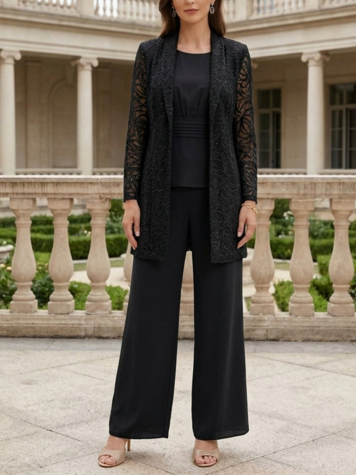3 Pieces Suit Scoop Chiffon Mother of the Bride Pantsuits with Jacket Long Sleeves Ankle-Length Lace