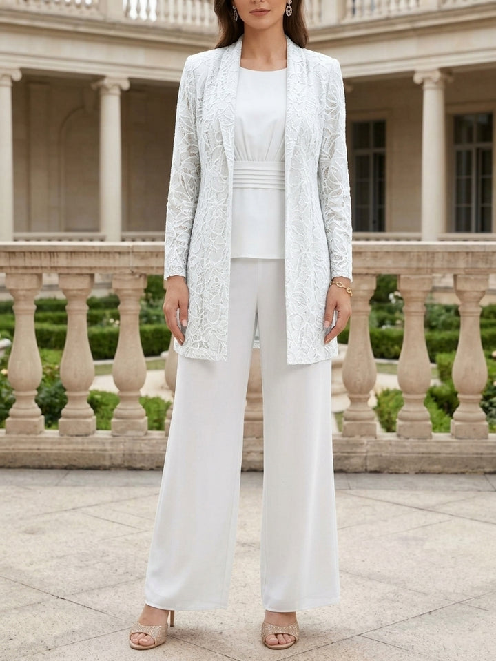 3 Pieces Suit Scoop Chiffon Mother of the Bride Pantsuits with Jacket Long Sleeves Ankle-Length Lace