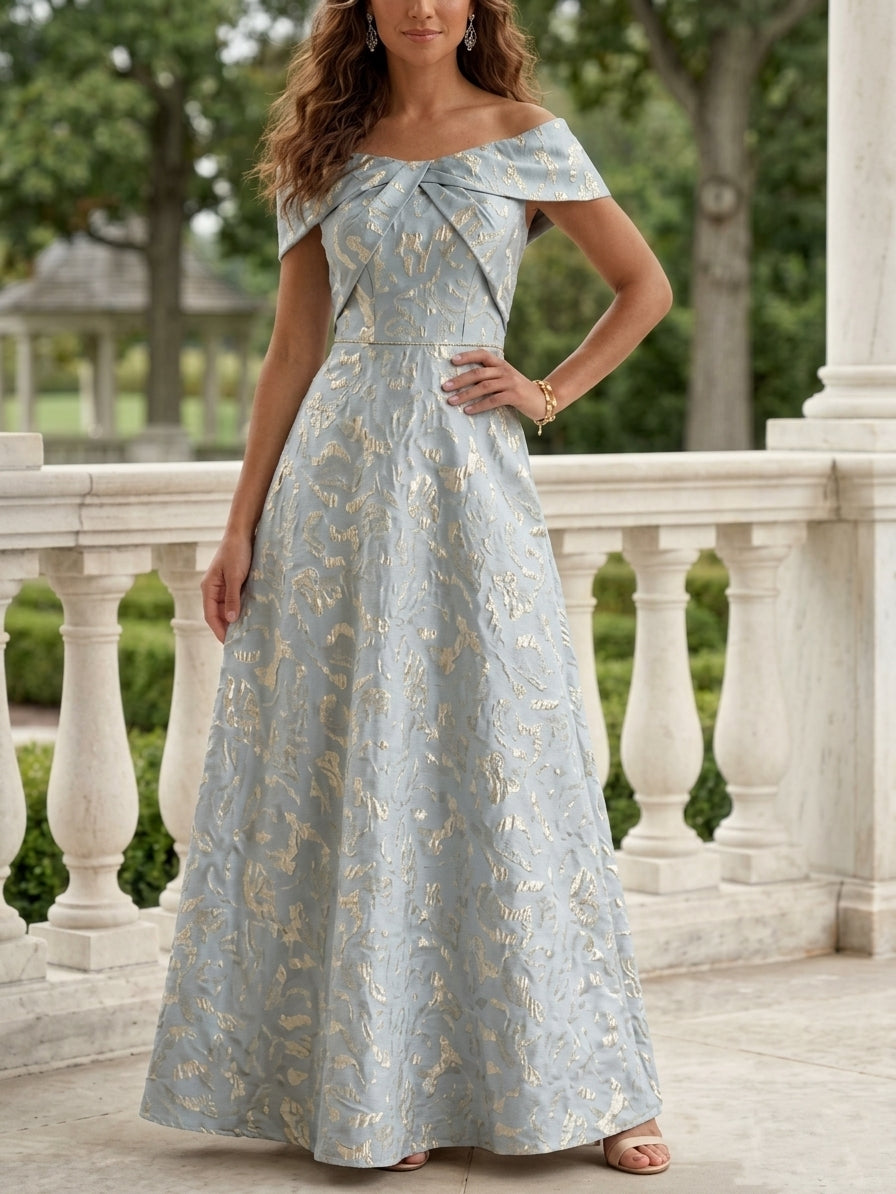 A-Line/Princess Off-the-Shoulder Jacquard Mother of the Bride Dresses Sleeveless Floral Ankle-Length Blue
