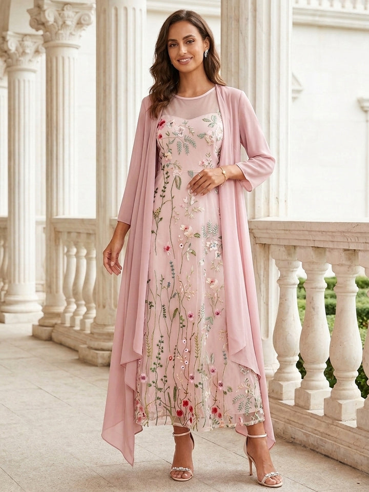 2 Pieces A-Line/Princess Scoop Chiffon Mother of the Bride Dresses with Jacket Long Sleeves Ankle-Length Lace Floral
