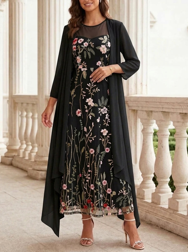 2 Pieces A-Line/Princess Scoop Chiffon Mother of the Bride Dresses with Jacket Long Sleeves Ankle-Length Lace Floral