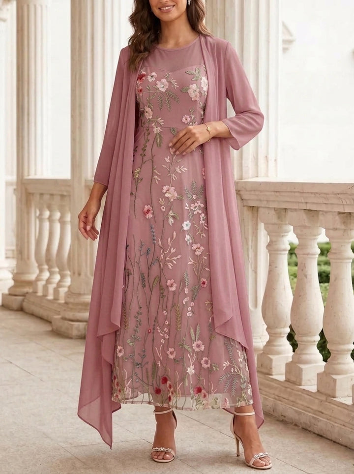 2 Pieces A-Line/Princess Scoop Chiffon Mother of the Bride Dresses with Jacket Long Sleeves Ankle-Length Lace Floral
