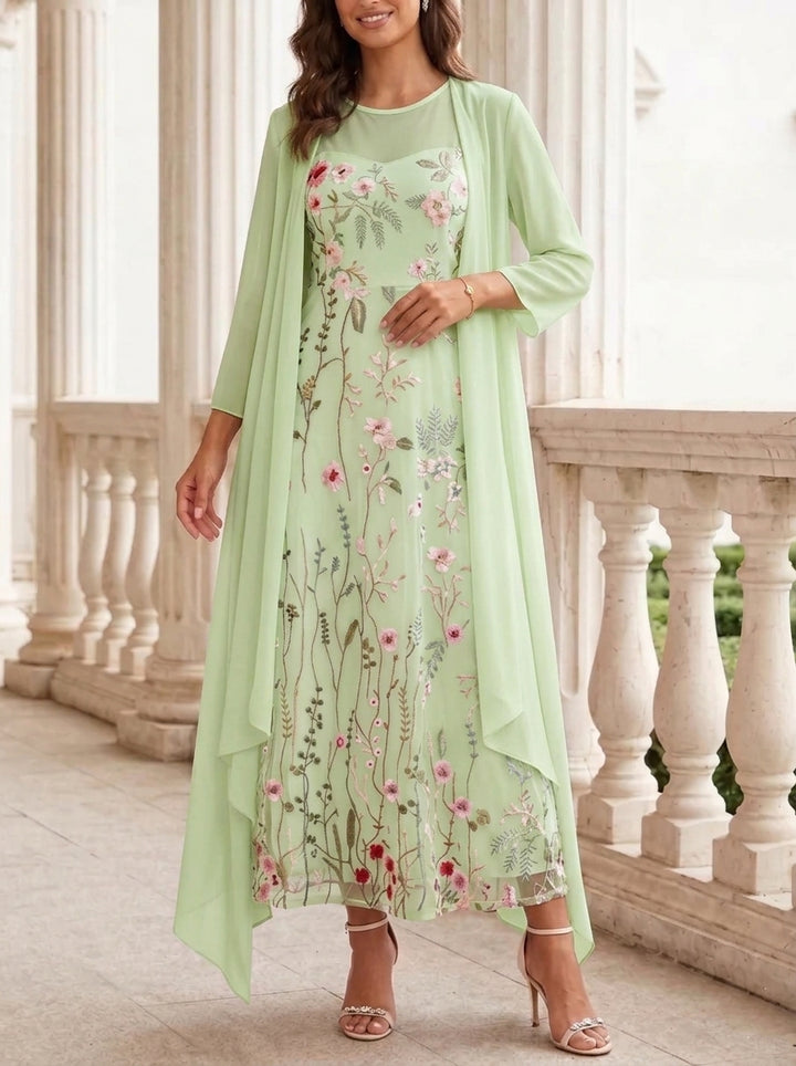2 Pieces A-Line/Princess Scoop Chiffon Mother of the Bride Dresses with Jacket Long Sleeves Ankle-Length Lace Floral