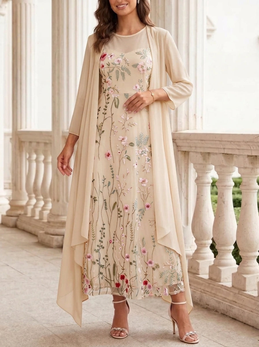 2 Pieces A-Line/Princess Scoop Chiffon Mother of the Bride Dresses with Jacket Long Sleeves Ankle-Length Lace Floral