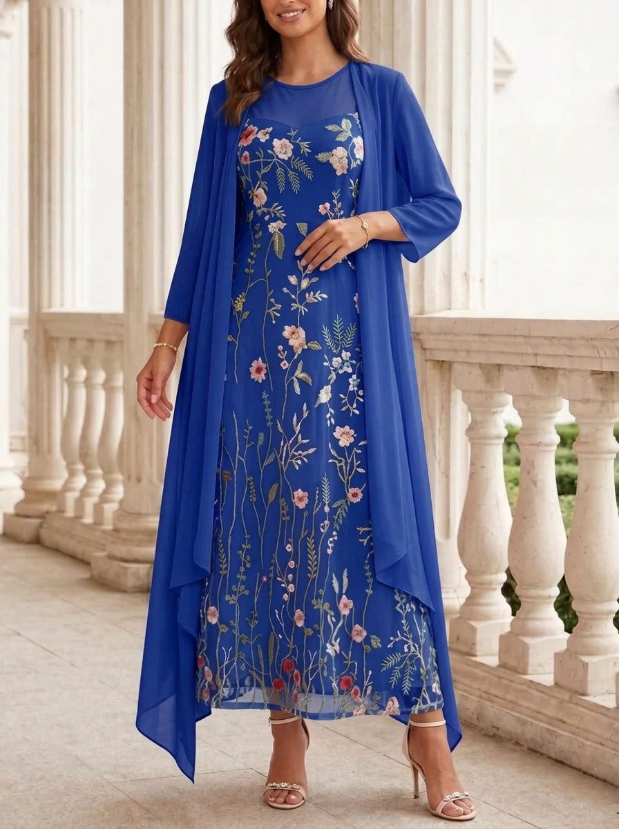 2 Pieces A-Line/Princess Scoop Chiffon Mother of the Bride Dresses with Jacket Long Sleeves Ankle-Length Lace Floral