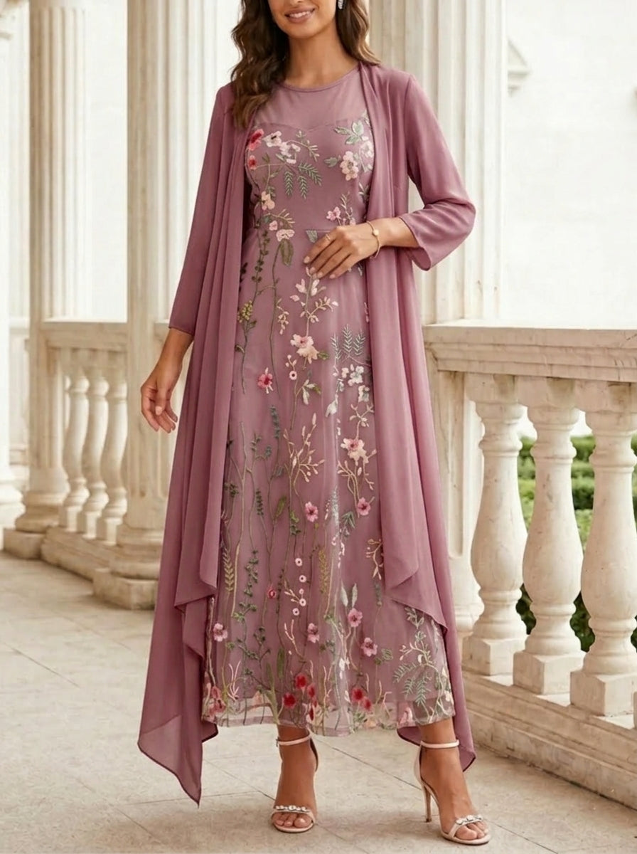 2 Pieces A-Line/Princess Scoop Chiffon Mother of the Bride Dresses with Jacket Long Sleeves Ankle-Length Lace Floral