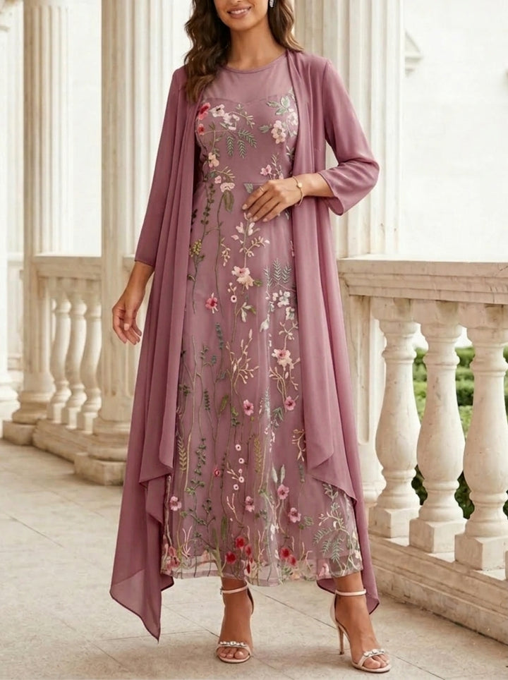 2 Pieces A-Line/Princess Scoop Chiffon Mother of the Bride Dresses with Jacket Long Sleeves Ankle-Length Lace Floral