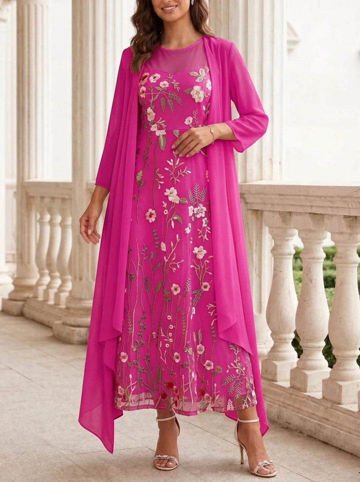 2 Pieces A-Line/Princess Scoop Chiffon Mother of the Bride Dresses with Jacket Long Sleeves Ankle-Length Lace Floral