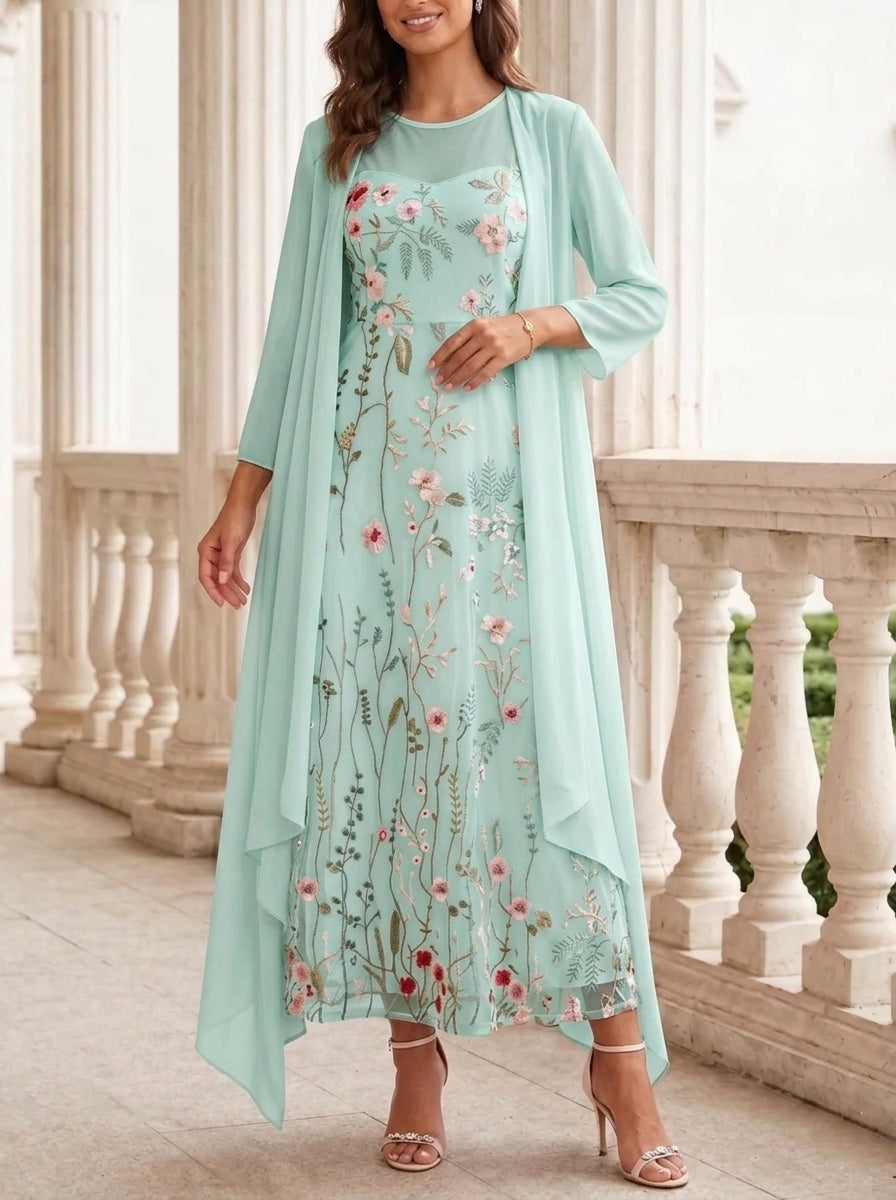 2 Pieces A-Line/Princess Scoop Chiffon Mother of the Bride Dresses with Jacket Long Sleeves Ankle-Length Lace Floral