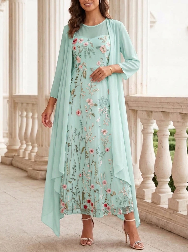 2 Pieces A-Line/Princess Scoop Chiffon Mother of the Bride Dresses with Jacket Long Sleeves Ankle-Length Lace Floral