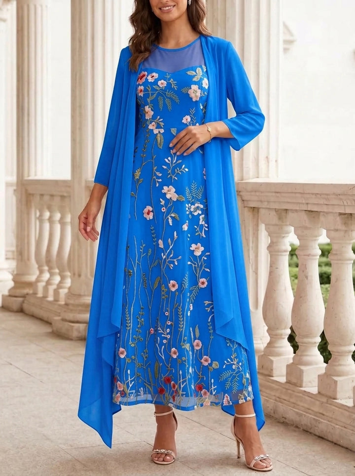 2 Pieces A-Line/Princess Scoop Chiffon Mother of the Bride Dresses with Jacket Long Sleeves Ankle-Length Lace Floral