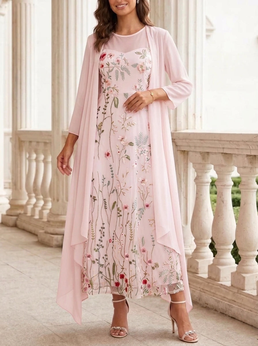 2 Pieces A-Line/Princess Scoop Chiffon Mother of the Bride Dresses with Jacket Long Sleeves Ankle-Length Lace Floral