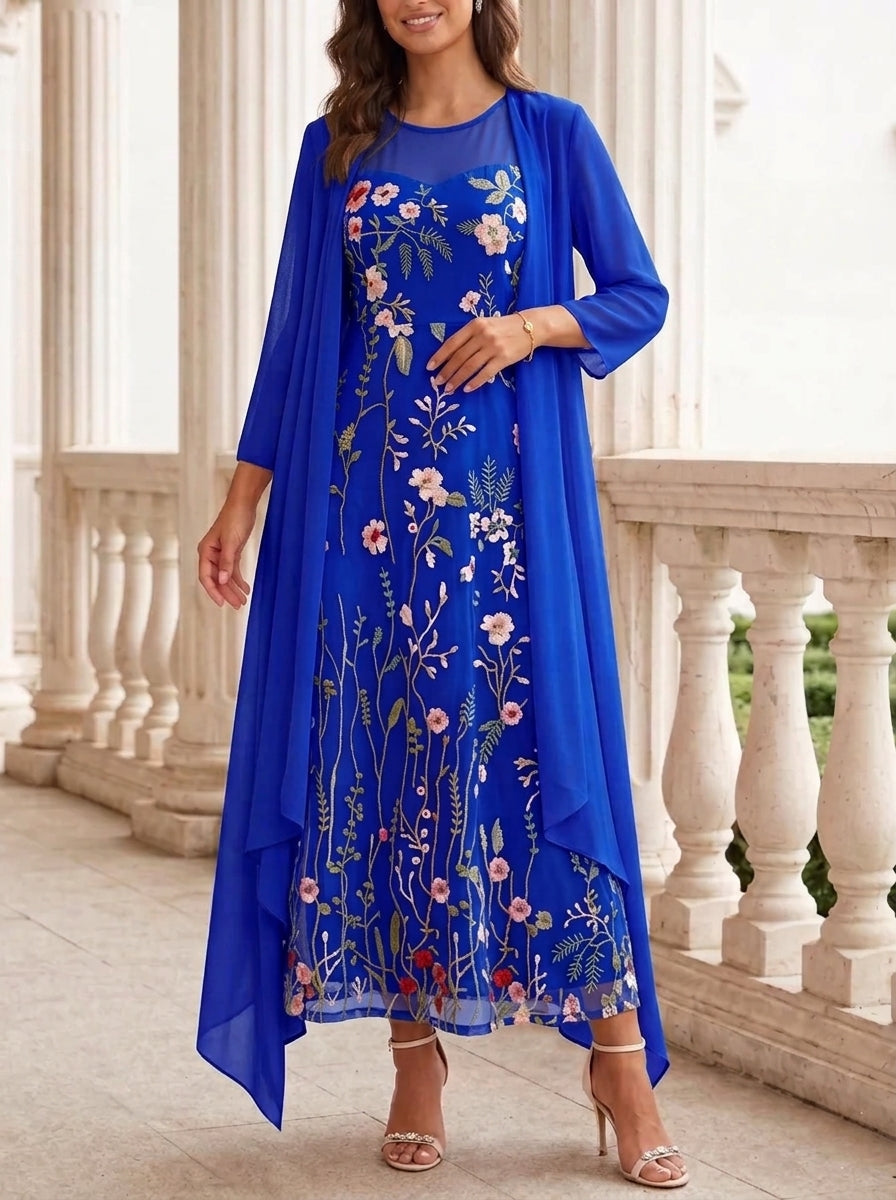 2 Pieces A-Line/Princess Scoop Chiffon Mother of the Bride Dresses with Jacket Long Sleeves Ankle-Length Lace Floral