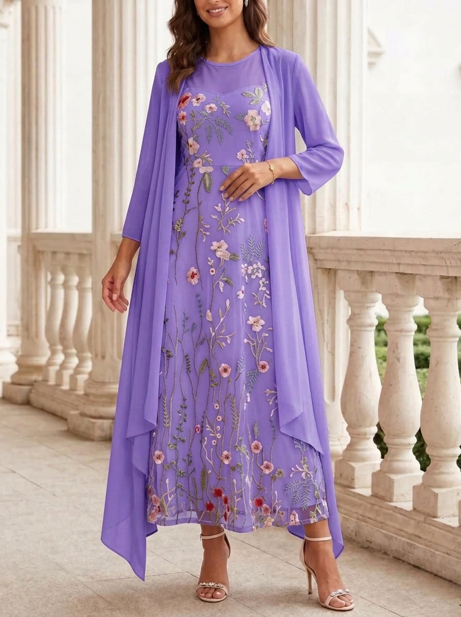 2 Pieces A-Line/Princess Scoop Chiffon Mother of the Bride Dresses with Jacket Long Sleeves Ankle-Length Lace Floral