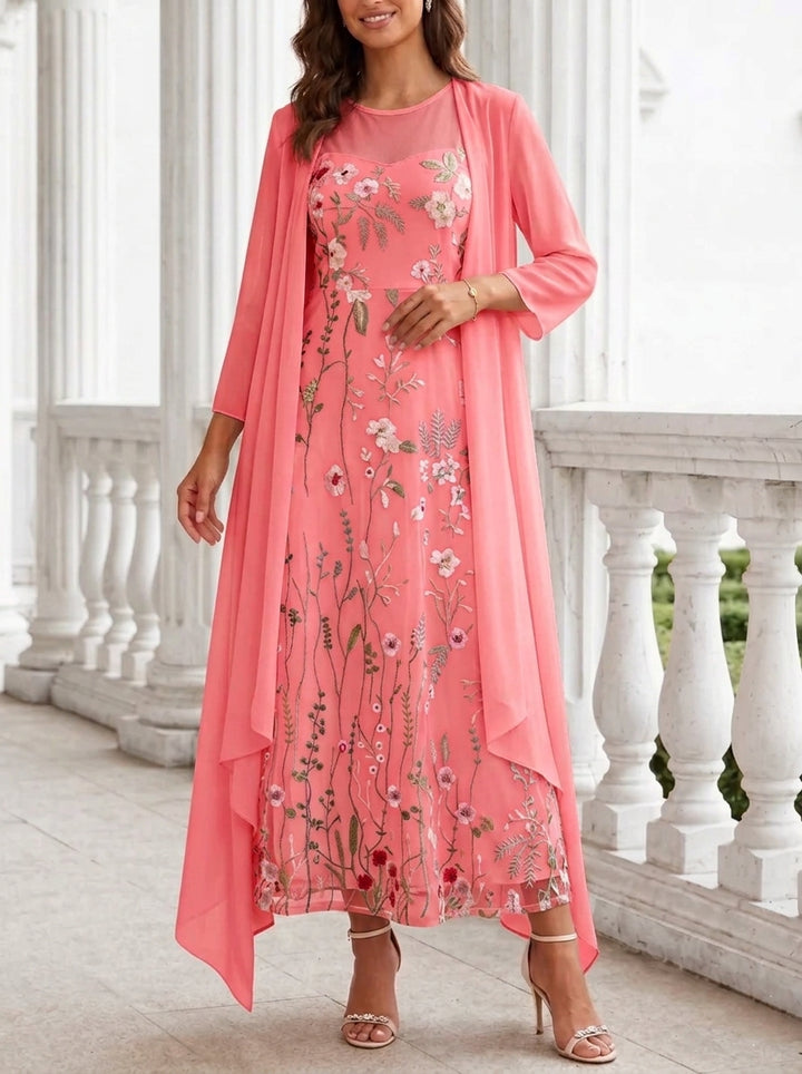 2 Pieces A-Line/Princess Scoop Chiffon Mother of the Bride Dresses with Jacket Long Sleeves Ankle-Length Lace Floral