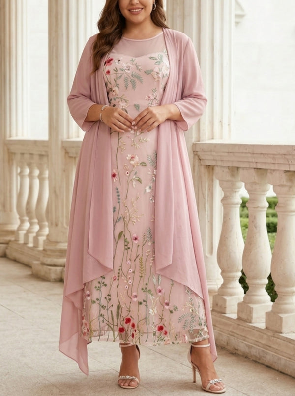 2 Pieces A-Line/Princess Scoop Chiffon Plus Size Mother of the Bride Dresses with Jacket Long Sleeves Ankle-Length Lace Floral