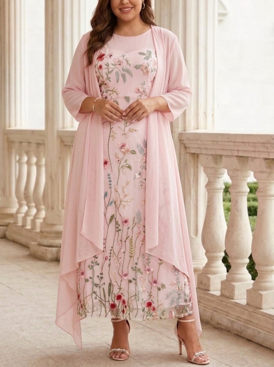 2 Pieces A-Line/Princess Scoop Chiffon Plus Size Mother of the Bride Dresses with Jacket Long Sleeves Ankle-Length Lace Floral