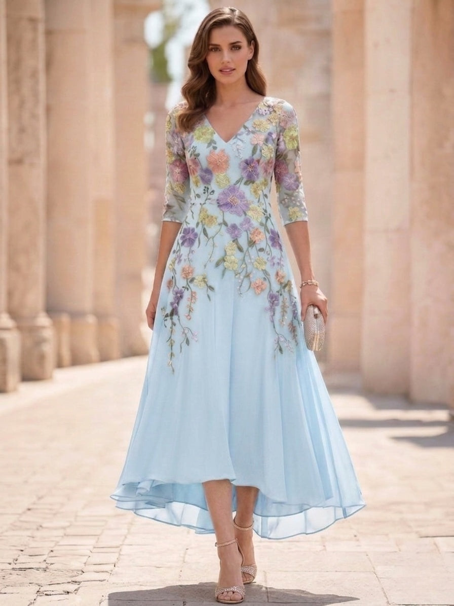 A-Line/Princess V-Neck Chiffon Mother of the Bride Dresses Half Sleeves Lace Floral Asymmetrical Tea-Length
