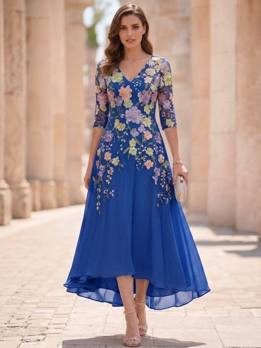 A-Line/Princess V-Neck Chiffon Mother of the Bride Dresses Half Sleeves Lace Floral Asymmetrical Tea-Length