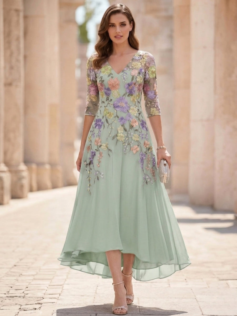 A-Line/Princess V-Neck Chiffon Mother of the Bride Dresses Half Sleeves Lace Floral Asymmetrical Tea-Length