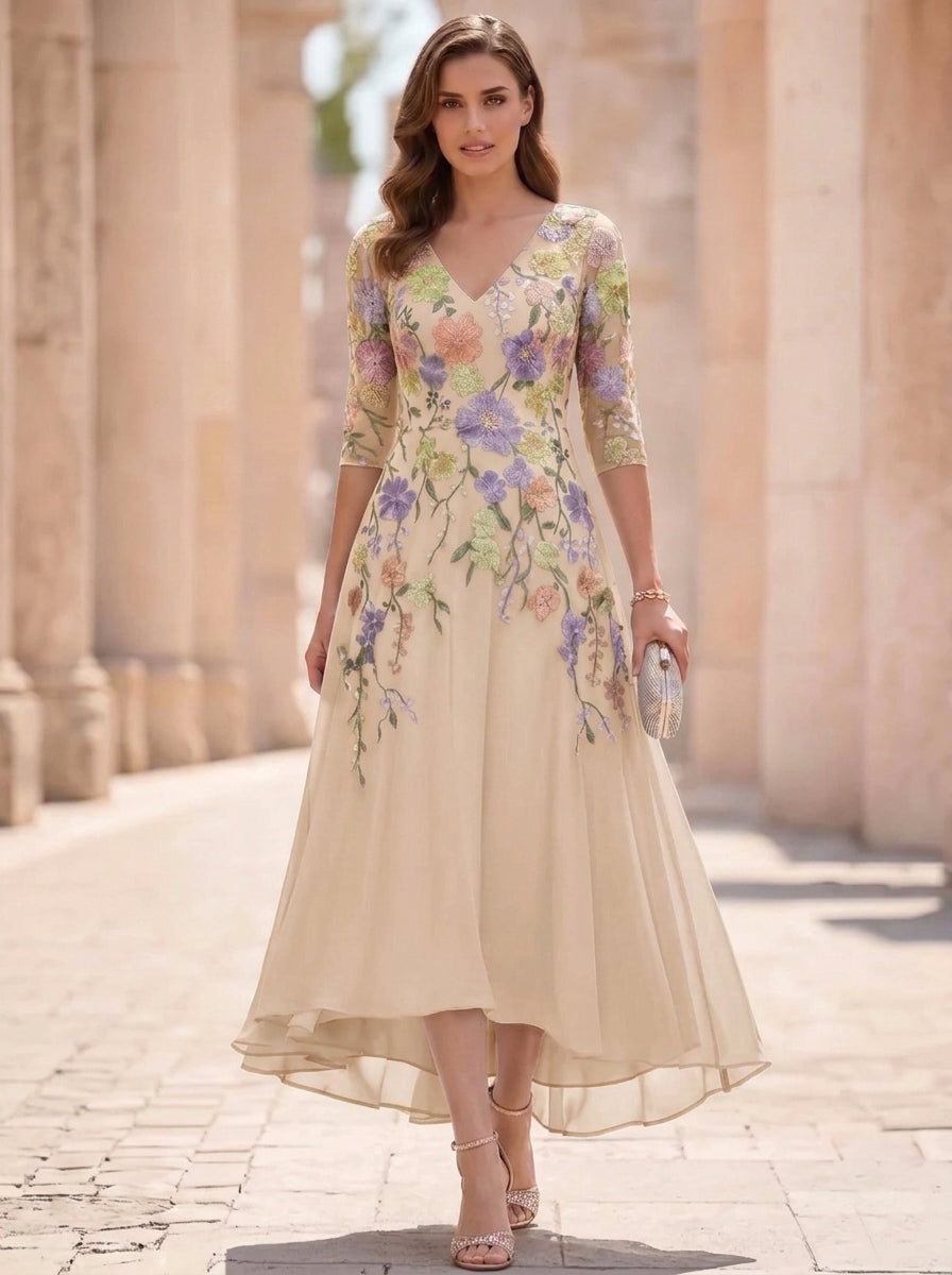 A-Line/Princess V-Neck Chiffon Mother of the Bride Dresses Half Sleeves Lace Floral Asymmetrical Tea-Length