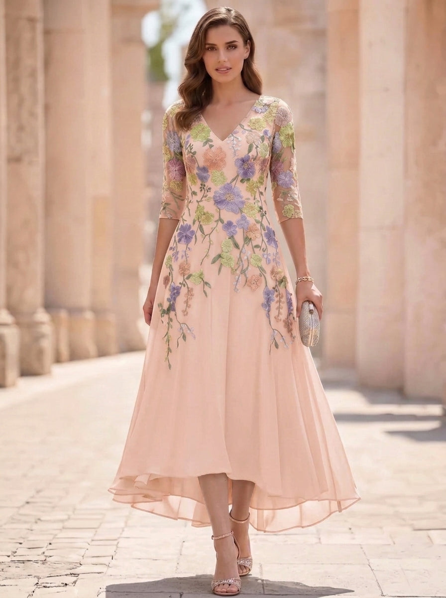 A-Line/Princess V-Neck Chiffon Mother of the Bride Dresses Half Sleeves Lace Floral Asymmetrical Tea-Length