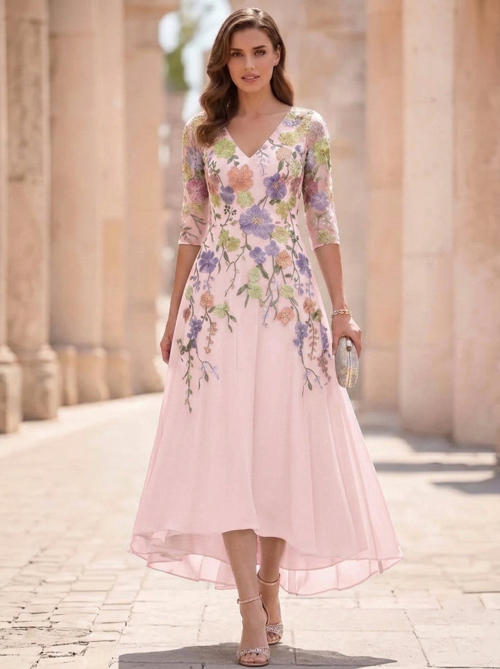 A-Line/Princess V-Neck Chiffon Mother of the Bride Dresses Half Sleeves Lace Floral Asymmetrical Tea-Length