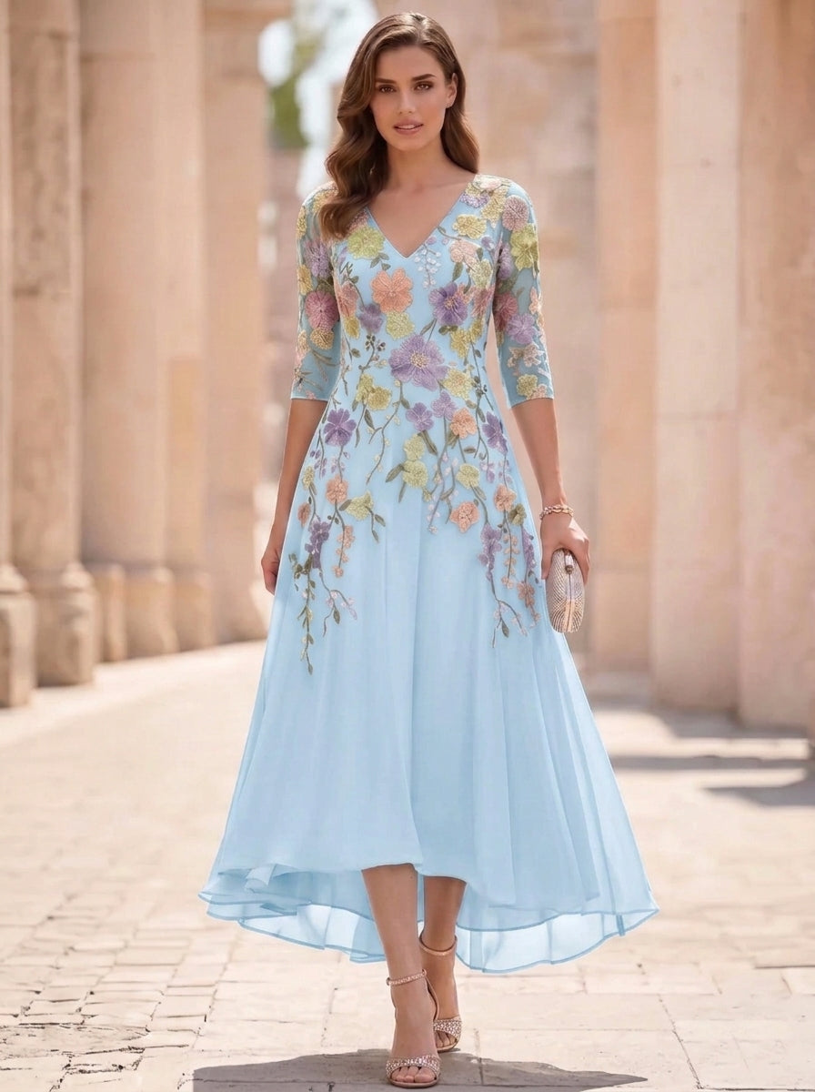A-Line/Princess V-Neck Chiffon Mother of the Bride Dresses Half Sleeves Lace Floral Asymmetrical Tea-Length