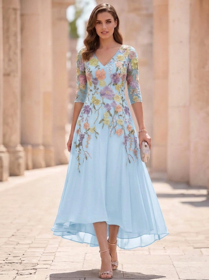 A-Line/Princess V-Neck Chiffon Mother of the Bride Dresses Half Sleeves Lace Floral Asymmetrical Tea-Length
